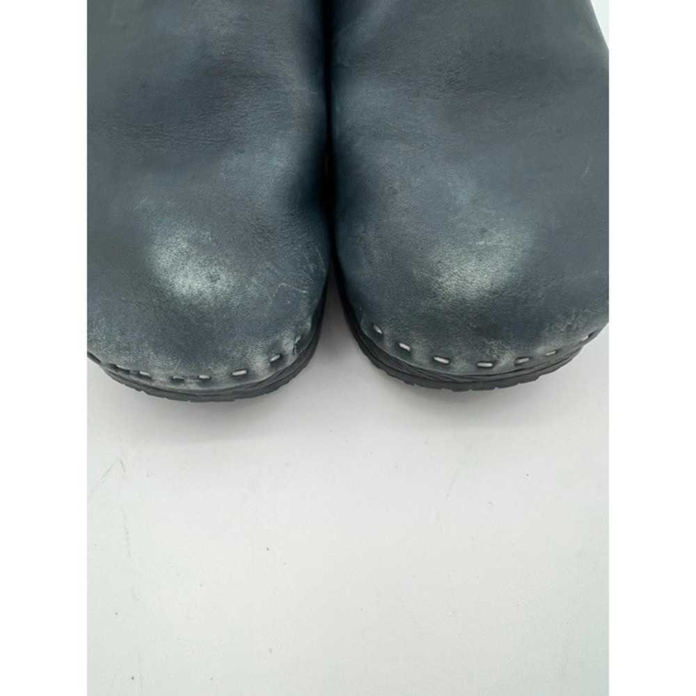 Scandic Clogs Women 38 Navy Blue Good Handcrafted Leather Floral Trim Wood Heel - Picture 6 of 9